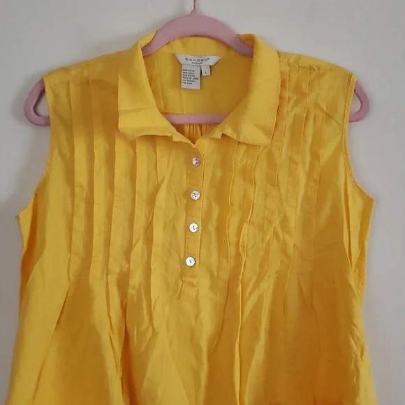 Sandro yellow linen rayon summer collared tank button front airy blouse women L - Picture 2 of 7